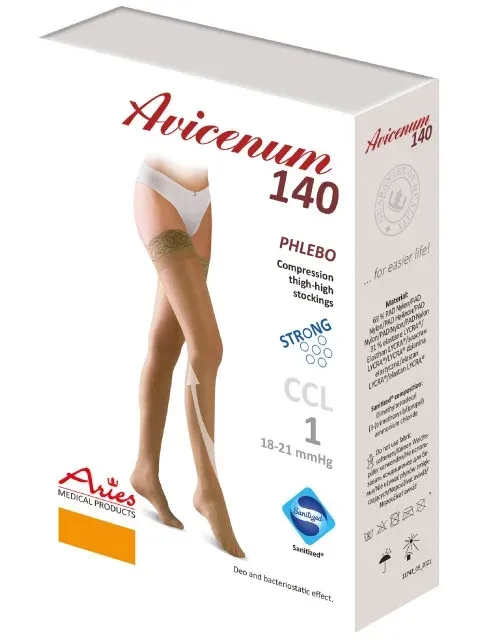 Stehenní punčochy Avicenum PHLEBO 140—Velikost 1, barva anthracit, s krajkou, délka normal, se špicí