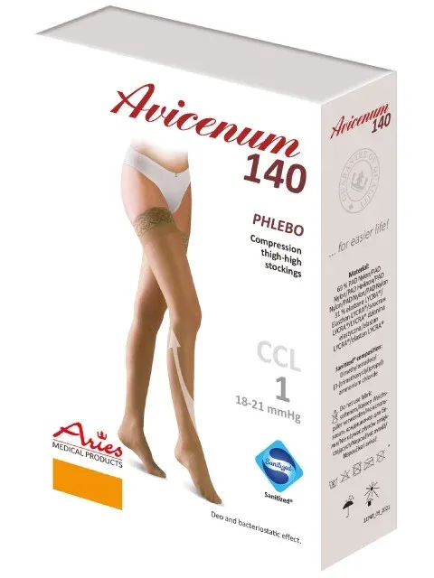 Stehenní punčochy Avicenum PHLEBO 140—Velikost 3, barva čokoláda, s krajkou, délka normal, se špicí