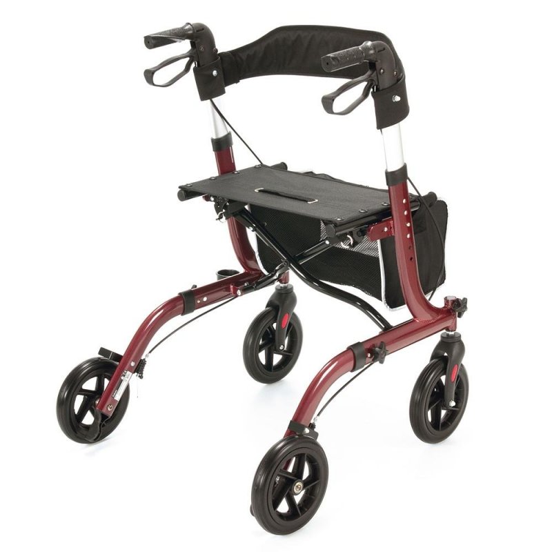 Čtyřkolové chodítko odlehčené 101 červené ÚZKÉ—Skládací rám se sedátkem, nastavitelná výška, brzdy
