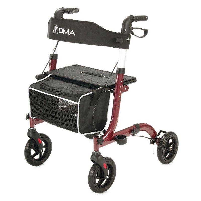 Čtyřkolové chodítko odlehčené 101 červené ÚZKÉ—Skládací rám se sedátkem, nastavitelná výška, brzdy