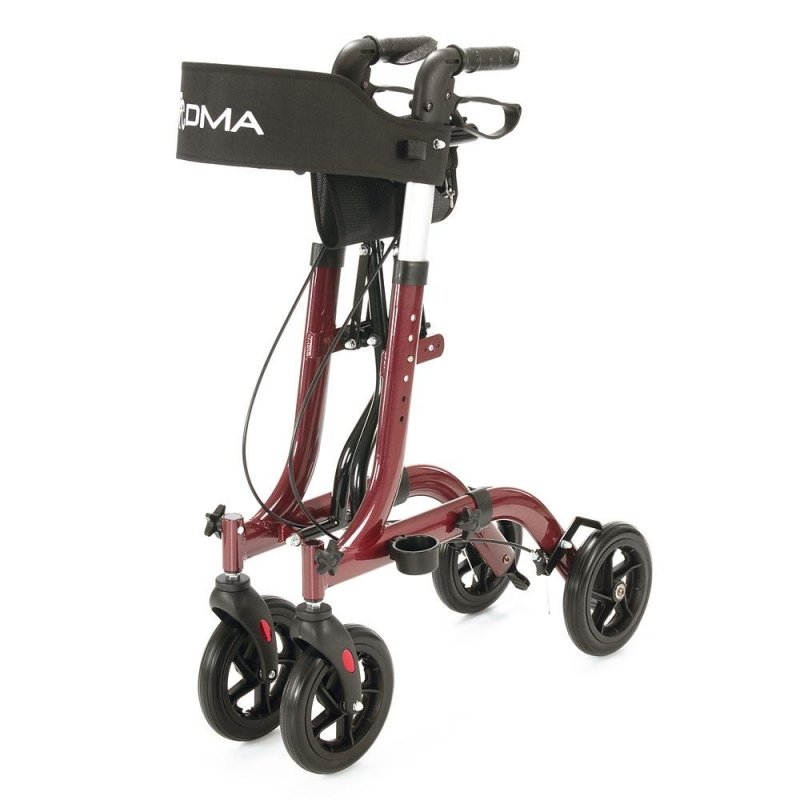 Čtyřkolové chodítko odlehčené 101 červené ÚZKÉ—Skládací rám se sedátkem, nastavitelná výška, brzdy