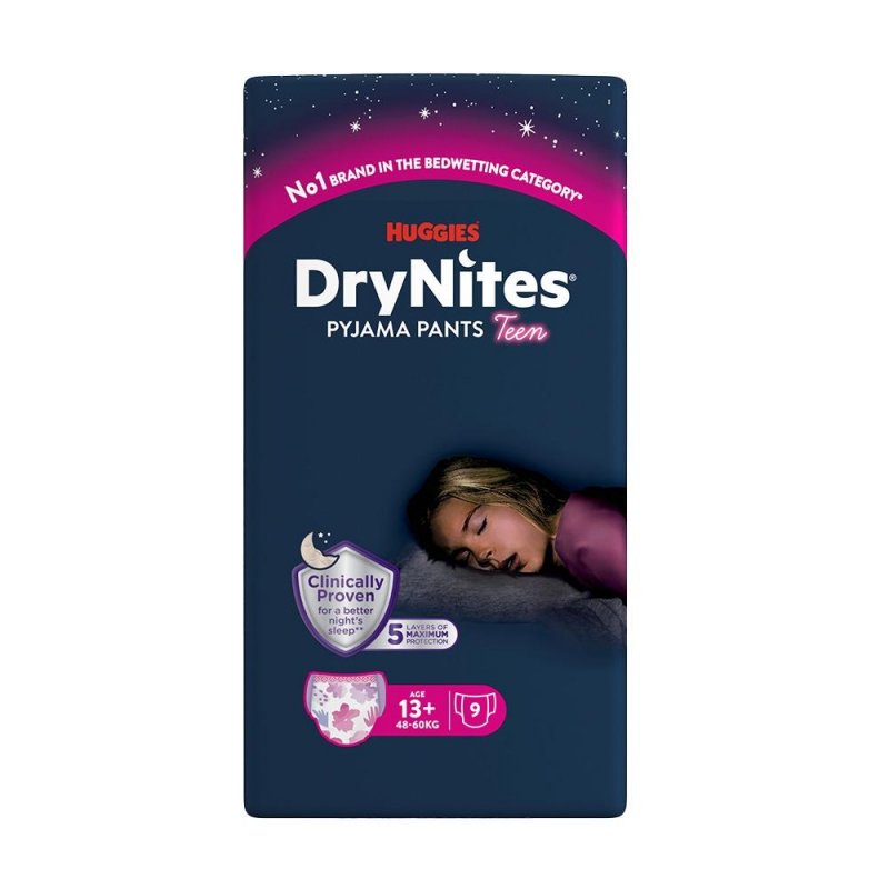 Huggies DryNites pro dívky 13+ let, 48-60 kg—Natahovací kalhotky 9 ks