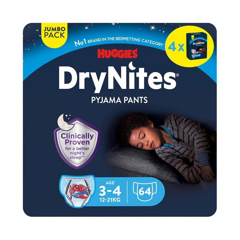 Huggies DryNites pro chlapce 3-4 let JUMBO—Pro váhu 12-21 kg, natahovací kalhotky 64 ks