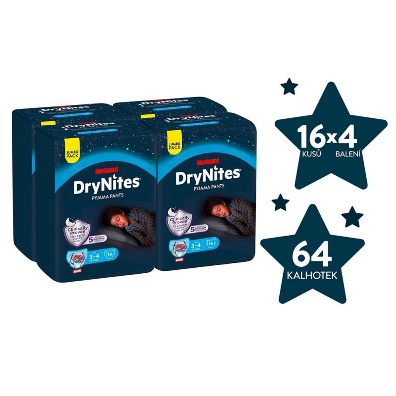 Huggies DryNites pro chlapce 3-4 let JUMBO—Pro váhu 12-21 kg, natahovací kalhotky 64 ks