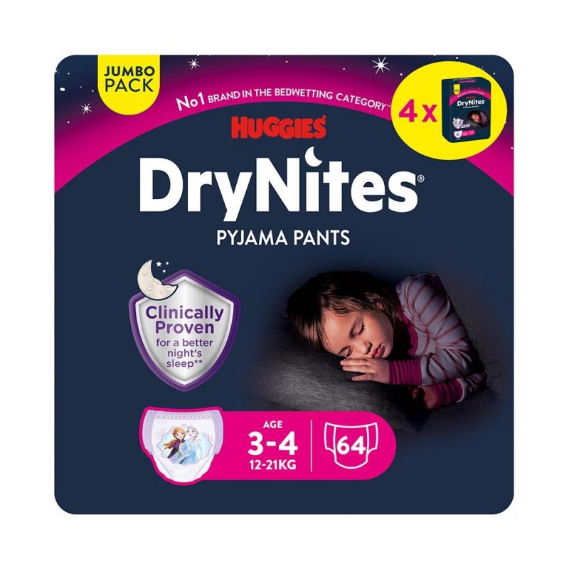 Huggies DryNites pro dívky 3-4 let JUMBO—Pro váhu 12-21 kg, natahovací kalhotky 64 ks
