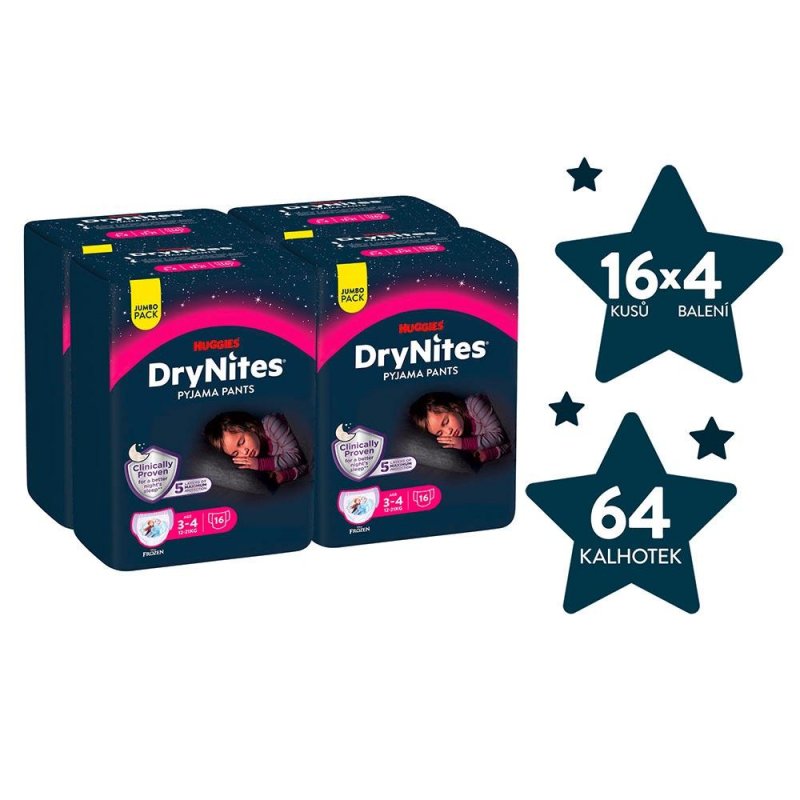Huggies DryNites pro dívky 3-4 let JUMBO—Pro váhu 12-21 kg, natahovací kalhotky 64 ks