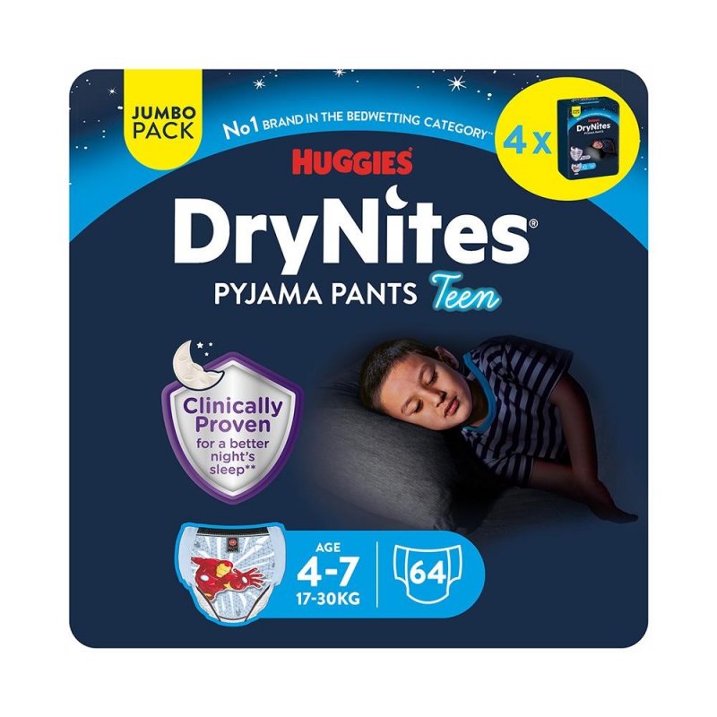 Huggies DryNites pro chlapce 4-7 let JUMBO—Pro váhu 17-30 kg, natahovací kalhotky 64 ks