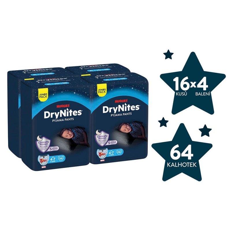 Huggies DryNites pro chlapce 4-7 let JUMBO—Pro váhu 17-30 kg, natahovací kalhotky 64 ks