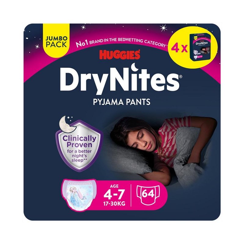 Huggies DryNites pro dívky 4-7 let JUMBO—Pro váhu 17-30 kg, natahovací kalhotky 64 ks