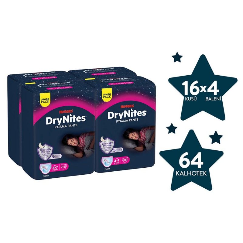 Huggies DryNites pro dívky 4-7 let JUMBO—Pro váhu 17-30 kg, natahovací kalhotky 64 ks
