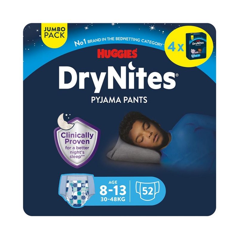 Huggies DryNites pro chlapce 8-13 let JUMBO—Pro váhu 30-48 kg, Natahovací kalhotky 52 ks