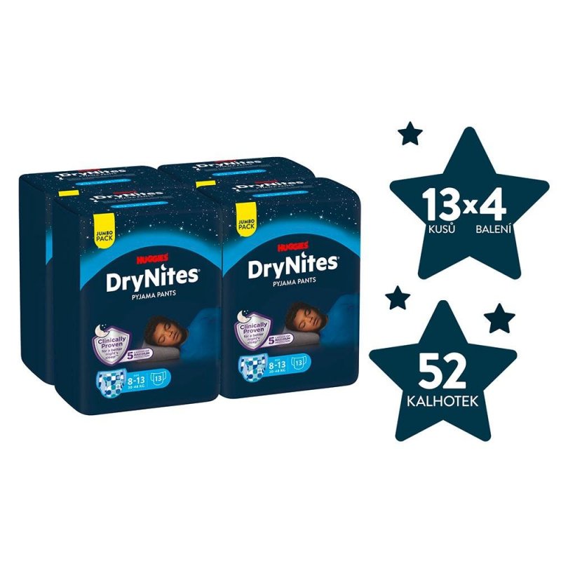 Huggies DryNites pro chlapce 8-13 let JUMBO—Pro váhu 30-48 kg, Natahovací kalhotky 52 ks