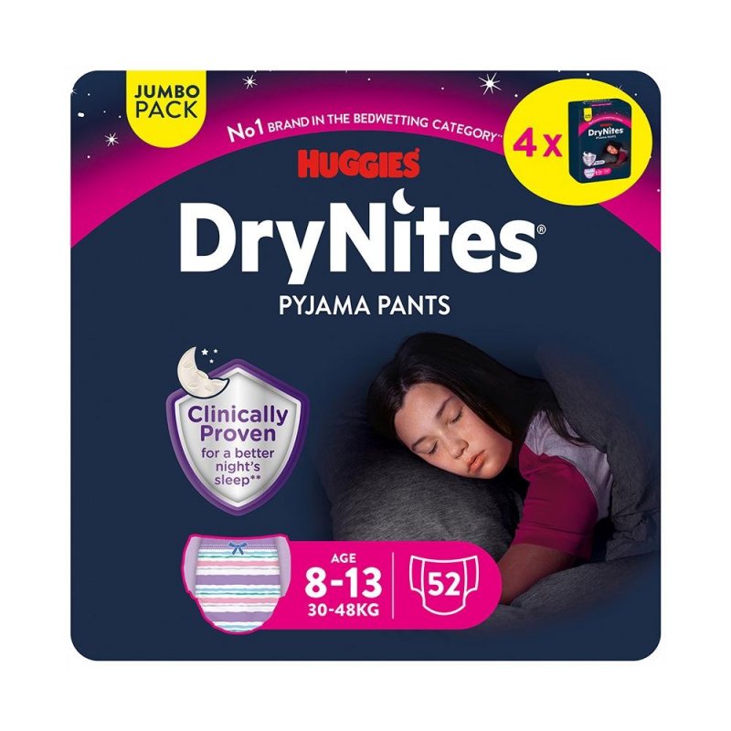 Huggies DryNites pro dívky 8-13 let JUMBO—Pro váhu 30-48 kg, Natahovací kalhotky 52 ks