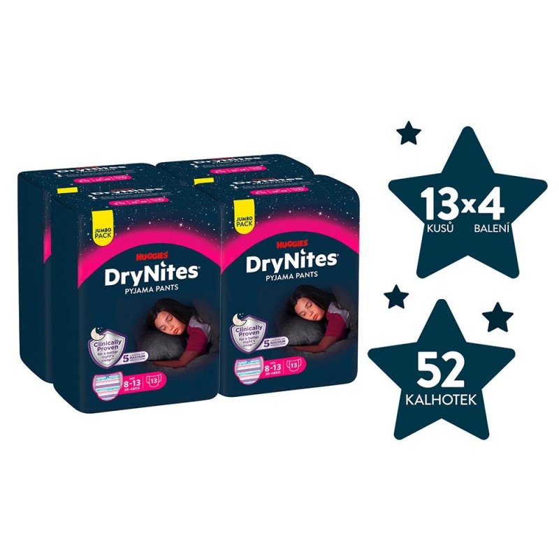 Huggies DryNites pro dívky 8-13 let JUMBO—Pro váhu 30-48 kg, Natahovací kalhotky 52 ks