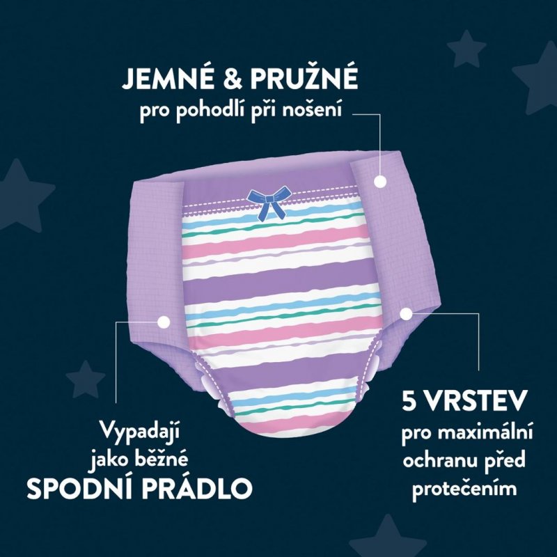 Huggies DryNites pro dívky 8-13 let JUMBO—Pro váhu 30-48 kg, Natahovací kalhotky 52 ks