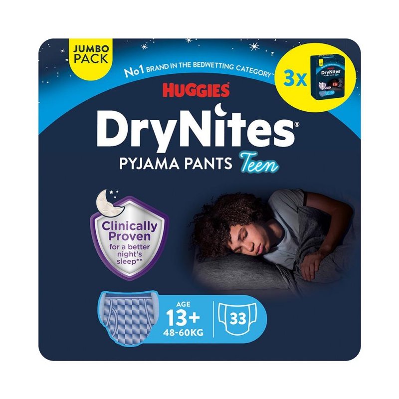 Huggies DryNites pro chlapce 13+ let JUMBO—Pro váhu 48-60 kg, natahovací kalhotky 33 ks