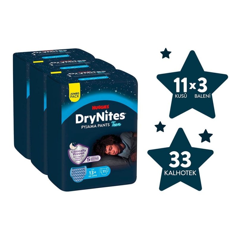 Huggies DryNites pro chlapce 13+ let JUMBO—Pro váhu 48-60 kg, natahovací kalhotky 33 ks