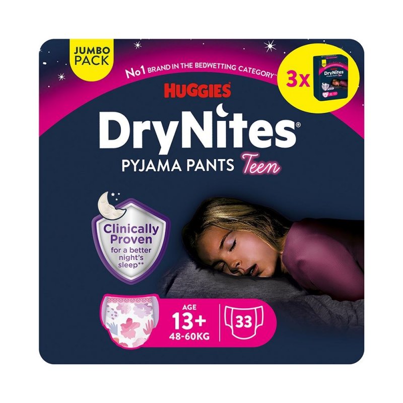 Huggies DryNites pro dívky 13+ let JUMBO—Pro váhu 48-60 kg, natahovací kalhotky 33 ks
