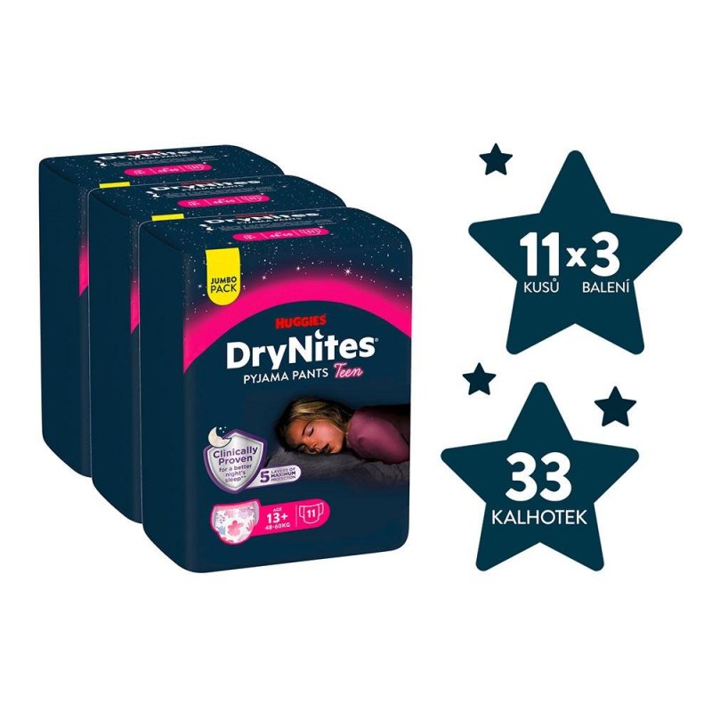 Huggies DryNites pro dívky 13+ let JUMBO—Pro váhu 48-60 kg, natahovací kalhotky 33 ks