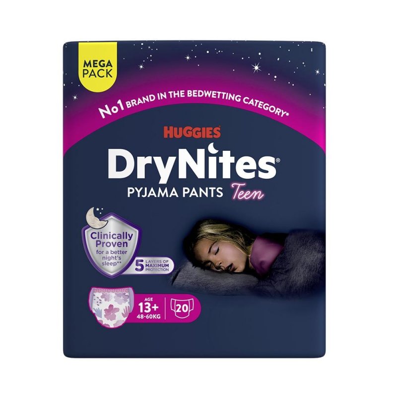 Huggies DryNites pro dívky 13+ let MEGA—Pro váhu 48-60 kg, natahovací kalhotky 20 ks