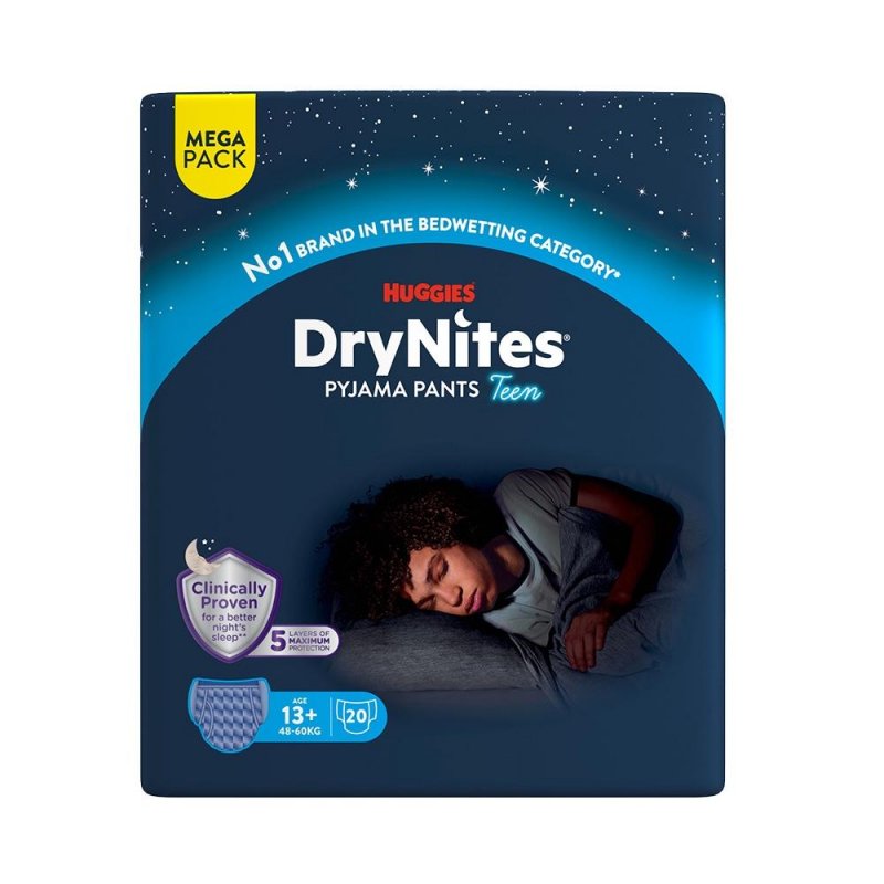 Huggies DryNites pro chlapce 13+ let MEGA—Pro váhu 48-60 kg, natahovací kalhotky 20 ks
