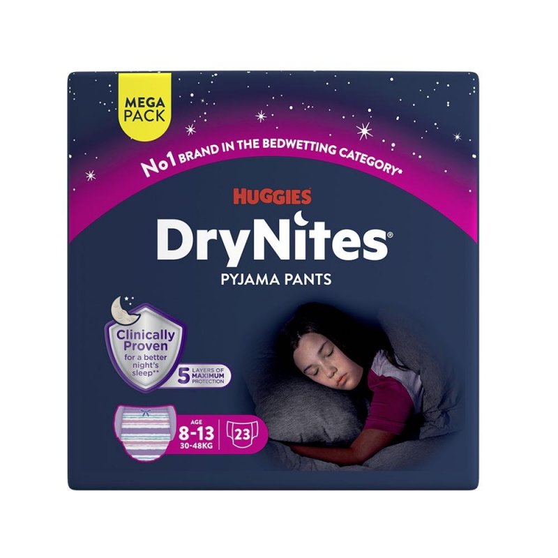 Huggies DryNites pro dívky 8-13 let MEGA—Pro váhu 30-48 kg, natahovací kalhotky 23 ks