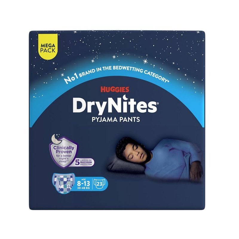 Huggies DryNites pro chlapce 8-13 let MEGA—Pro váhu 30-48 kg, natahovací kalhotky 23 ks