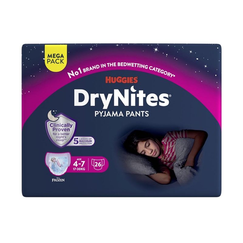 Huggies DryNites pro dívky 4-7 let MEGA—Pro váhu 17-30 kg, natahovací kalhotky 26 ks