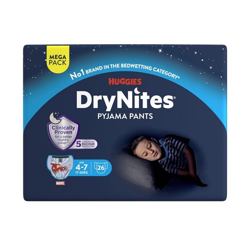 Huggies DryNites pro chlapce 4-7 let MEGA—Pro váhu 17-30 kg, natahovací kalhotky 26 ks