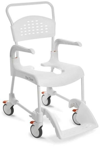 Pojízdné toaletní a sprchové křeslo Etac CLEAN—Výška sedu 49 cm, bílá barva, zadní výřez