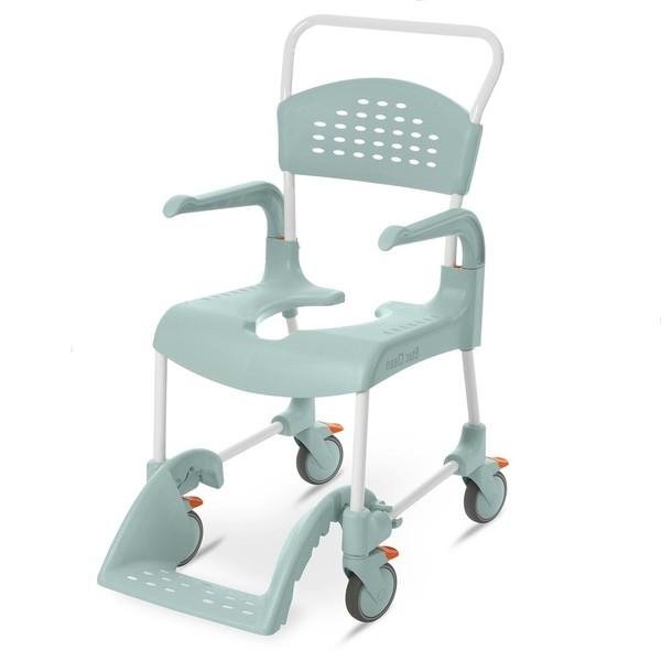 Pojízdné toaletní a sprchové křeslo Etac CLEAN—Výška sedu 49 cm, zelená barva, zadní výřez
