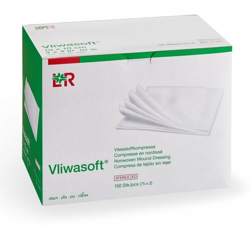 Kompresy Vliwasoft Sterilní - 5 x 5 cm—4 vrstvy, netkaný textil, 75 x 2 kompresy, zatavené po dvou