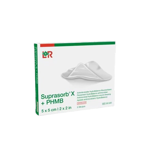 Krytí Hydrobalanční Suprasorb X+PHMB—5 x 5 cm, s polyhexanidem, antimikrobiální, 5 ks