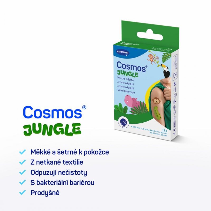 Cosmos Jungle dětské náplasti ve tvaru zvířátek—12 náplastí ve 3 velikostech 