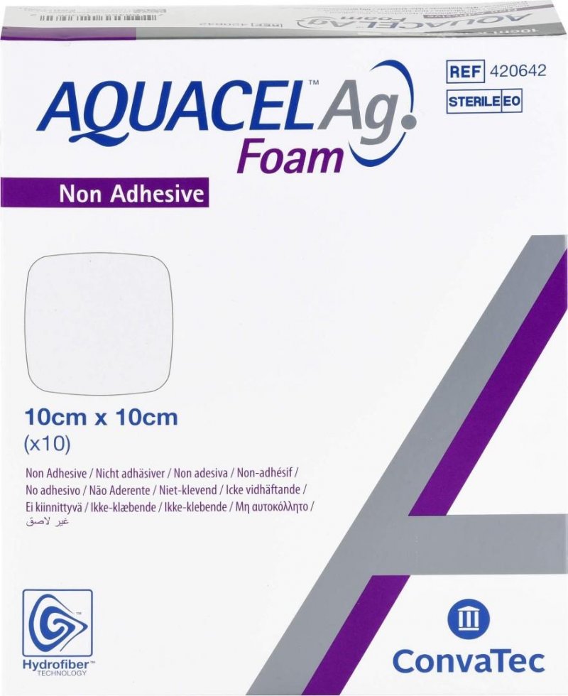 Aquacel Ag Foam Neadhezivní - 10 x 10 cm—Pěnové krytí s technologií Hydrofiber a se stříbrem, 10 ks