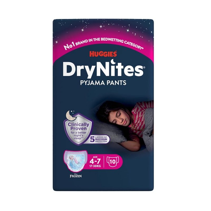 Huggies DryNites pro dívky 4-7 let, 17-30 kg—Natahovací kalhotky 10 ks