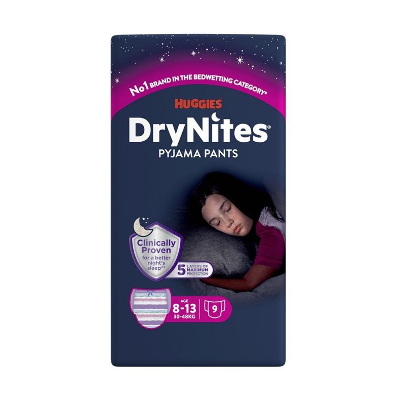 Huggies DryNites pro dívky 8-13 let, 30-48 kg—Natahovací kalhotky 9 ks