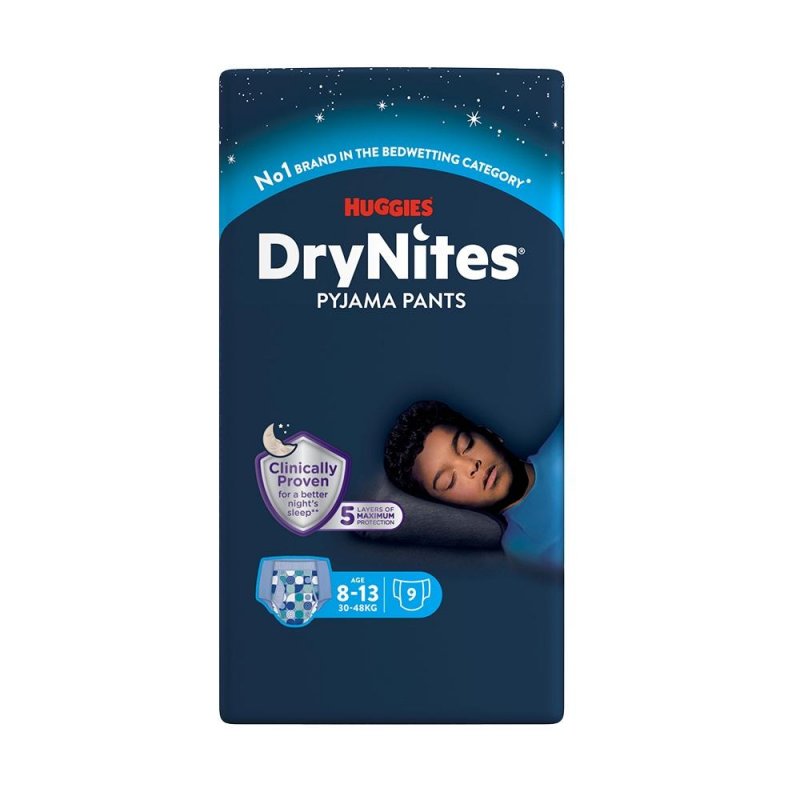 Huggies DryNites pro chlapce 8-13 let, 30-48 kg—Natahovací kalhotky 9 ks