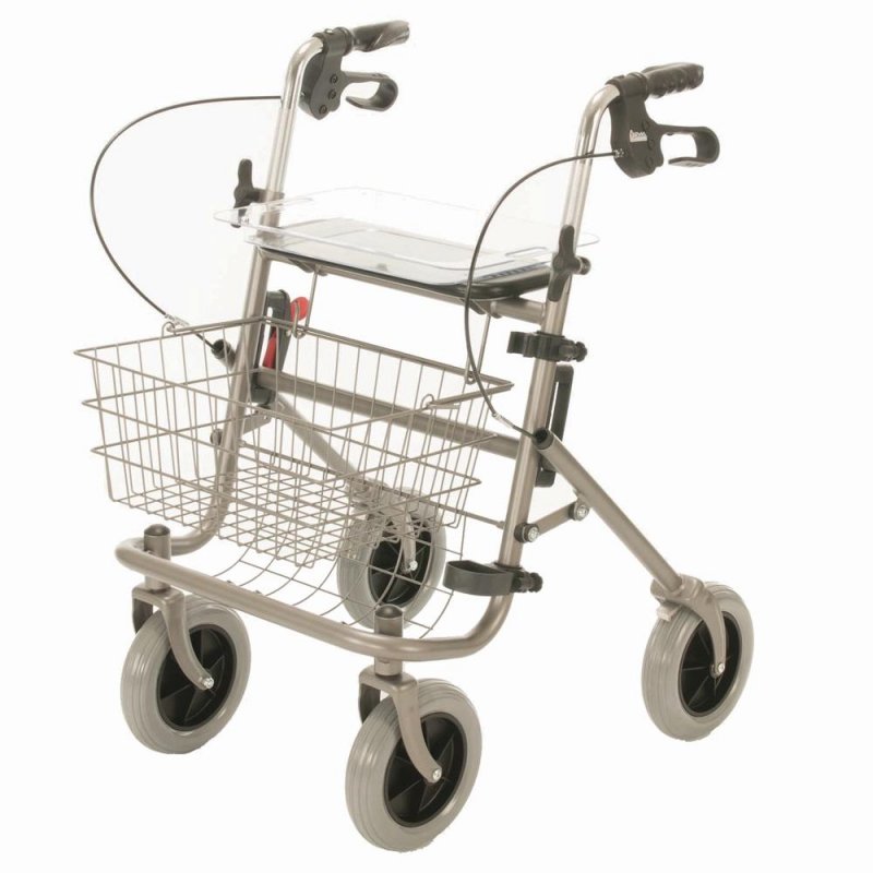 Čtyřkolové chodítko 100 - stříbrné—Skládací rám se sedátkem, nastavitelná výška, brzdy