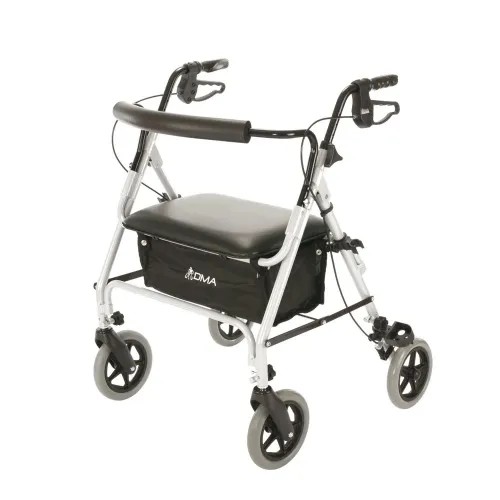 Čtyřkolové chodítko 249 A - rozšířené - stříbrná—Skládací rám se sedátkem, nastavitelná výška, brzdy