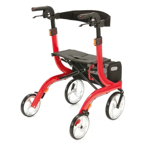 Čtyřkolové chodítko odlehčené 102 - červená—Skládací rám se sedátkem, nastavitelná výška, brzdy
