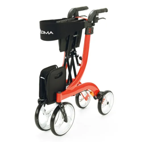 Čtyřkolové chodítko odlehčené 102 - červená—Skládací rám se sedátkem, nastavitelná výška, brzdy