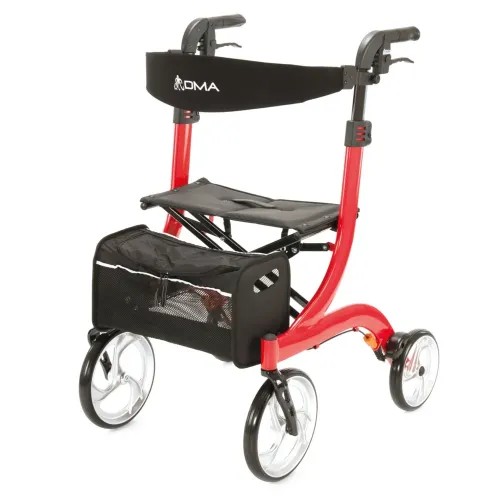 Čtyřkolové chodítko odlehčené 102 - červená—Skládací rám se sedátkem, nastavitelná výška, brzdy
